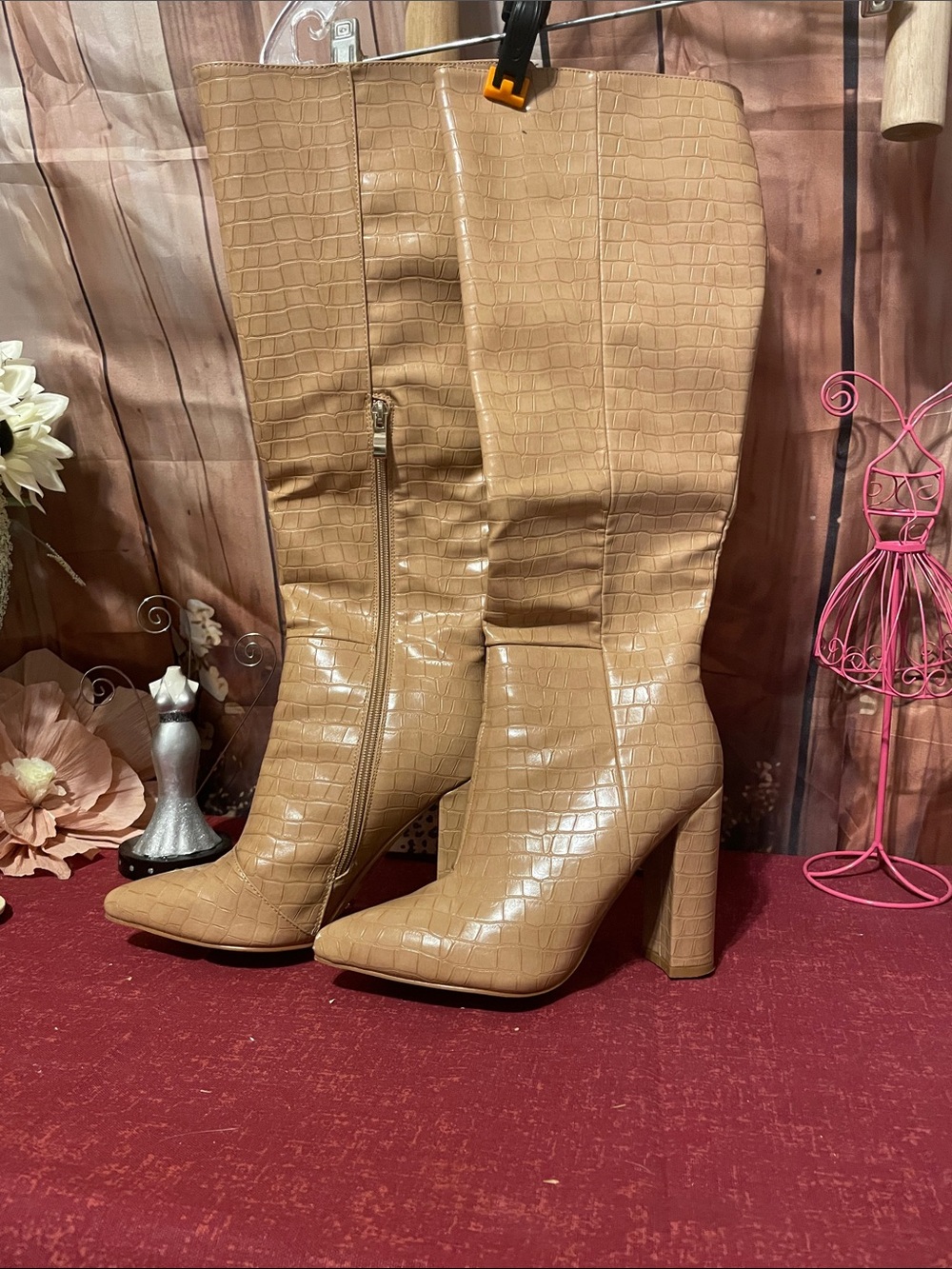 Billini Croc-Embossed Knee-High Boots in Tan